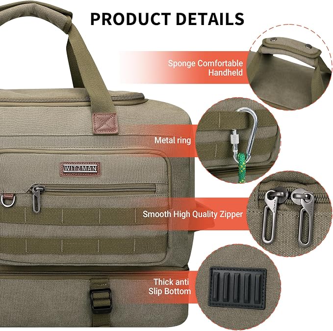 WITZMAN Duffle Bag for Men 50L Travel Canvas Weekender with Toiletry Bag | With Shoe Compartment and Dry-wet Pocket, Convertible, Carry On, One Duffel for Gym, Sports, Overnight, A8010/2 Army Green - Image 6