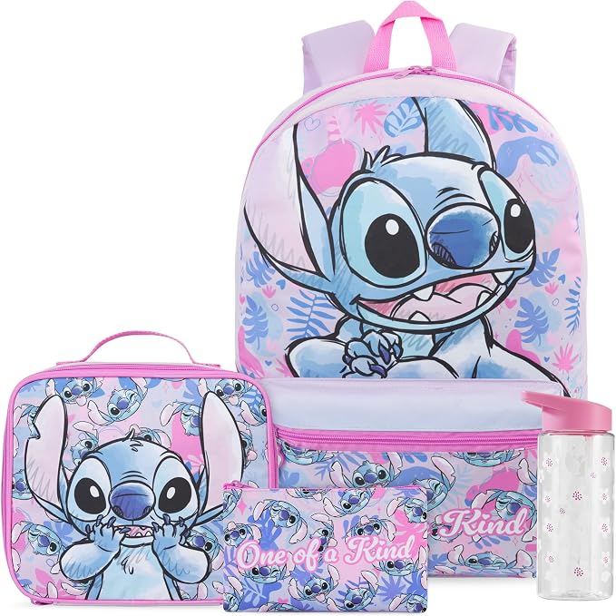 Get Trend Disney Stitch Kids Backpack 4 Piece Set | 18 inch Bookbag, Insulated Lunch Bag, Zipped Pencil Case & BPA-Free Water Bottle for School & Travel, Gifts for Girls by GetTrend