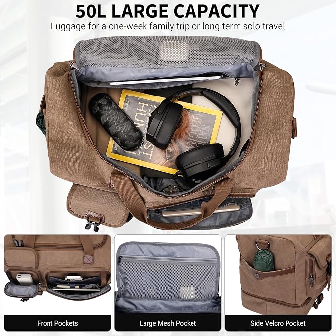 WITZMAN Duffle Bag for Men 50L Travel Canvas Weekender with Toiletry Bag | With Shoe Compartment and Dry-wet Pocket, Convertible, Carry On, One Duffel for Gym, Sports, Overnight, A8010/2 Brown - Image 3