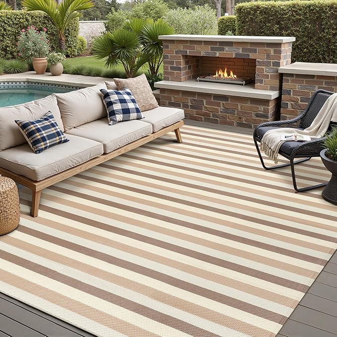 PureCozy Outdoor Waterproof Patio Rug 9x12 Plastic Straw Reversible Outside Beige Striped Carpet Lightweight Large Rug for Camping RV Porch Deck Balcony Beach - Image 4