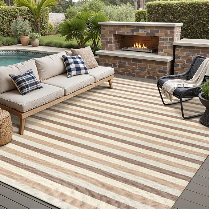 PureCozy Outdoor Waterproof Patio Rug 6x9 Plastic Straw Reversible Outside Beige Striped Carpet Lightweight Large Rug for Camping RV Porch Deck Balcony Beach - Image 3