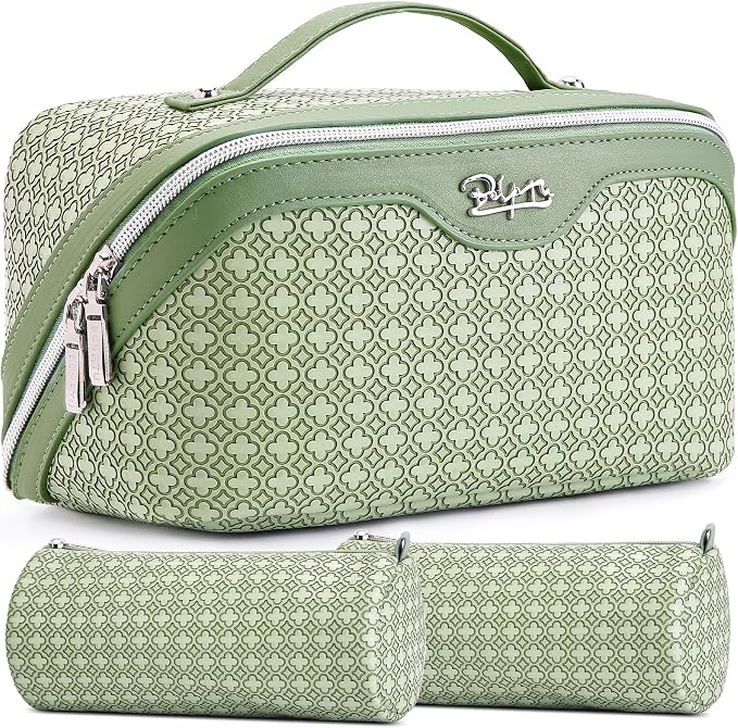 BOYATU Travel Makeup Bag for Women: Four Leaf Clover Large Capacity 3 Pcs Set Cosmetic Bags - Waterproof 50% Extra Space for Toiletry Organizer - Travel Essentials for Fortunate (01 Light Green) by BOYATU