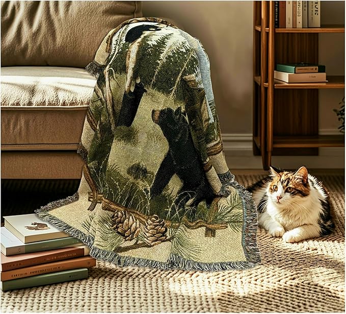 Log Cabin Bear Family Woven Tapestry Throw Blanket Wall Hanging Art Handicrafts Jacquard Multipurpose Soft Travel Mat Outdoor with Fringe Tassels 50 X 60 Inches