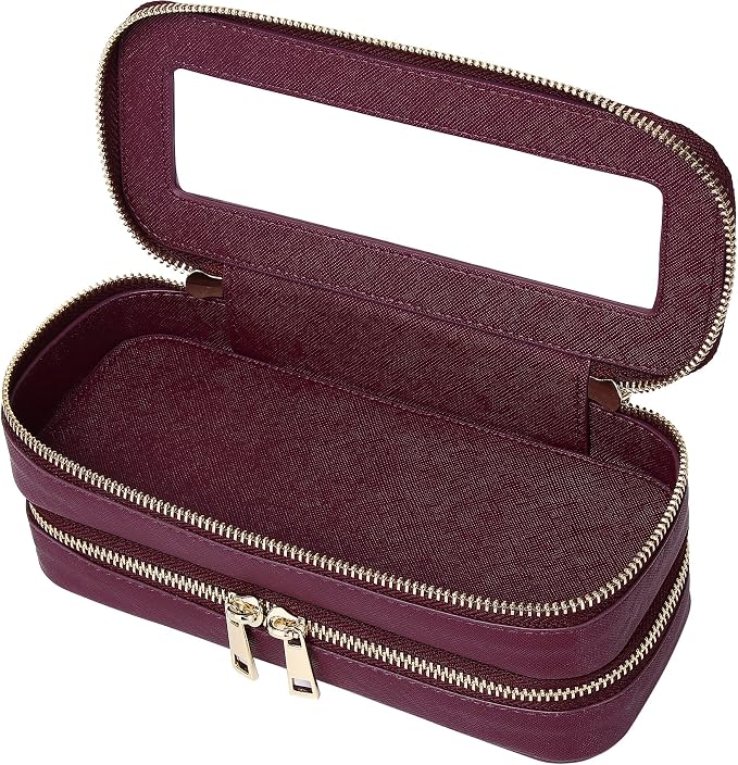 Double Layer Makeup Bag Makeup Brush Case Waterproof Travel Cosmetic & Toiletry Bag Purse Organizer and Car Essentials for Women (Burgundy, 2-Layer SLIM) by LOFOWN