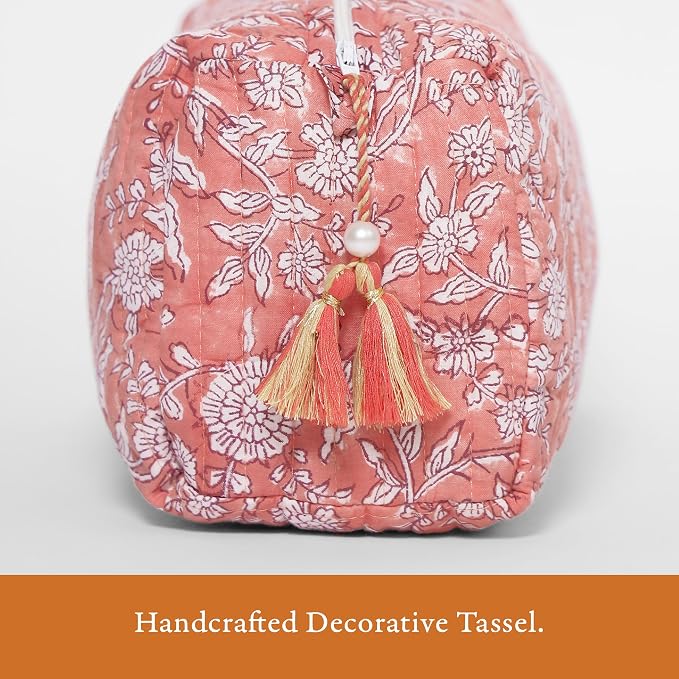 Saffron Marigold Quilted Makeup Bag Set of 3, Hand Block Printed Cotton Cosmetic Bags for Women, Waterproof Lined Travel Toiletry Bag, Coquette Floral Aesthetic, Handmade Gift, Coral Flowers - Image 5