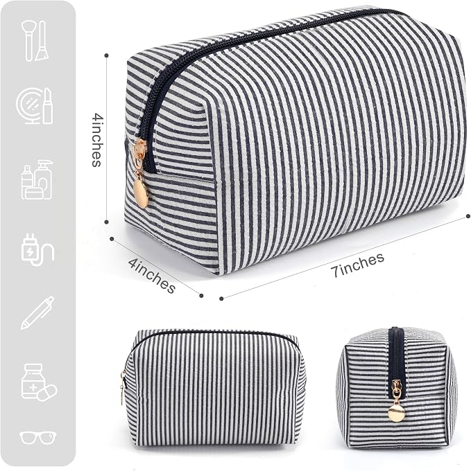 Makeup Bag Set for Women, 6PCS Travel Cosmetic Bags Pencil Case, Striped Seersucker Toiletry Organizer Pouches, Cute Makeup Pouch for Purse, Accessories and Gifts, Navy - Image 2
