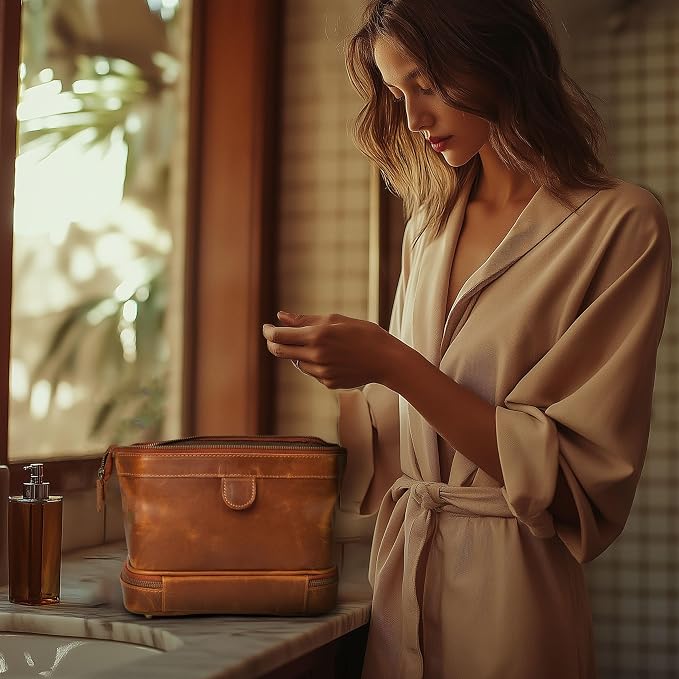 LEATHER VILLAGE Genuine Leather Dopp Kit – Large Travel Toiletry Bag with Waterproof Lining, Dual-Zip Design for Men & Women, Organizer for Shaving, Makeup & Essentials - Tan - Image 6