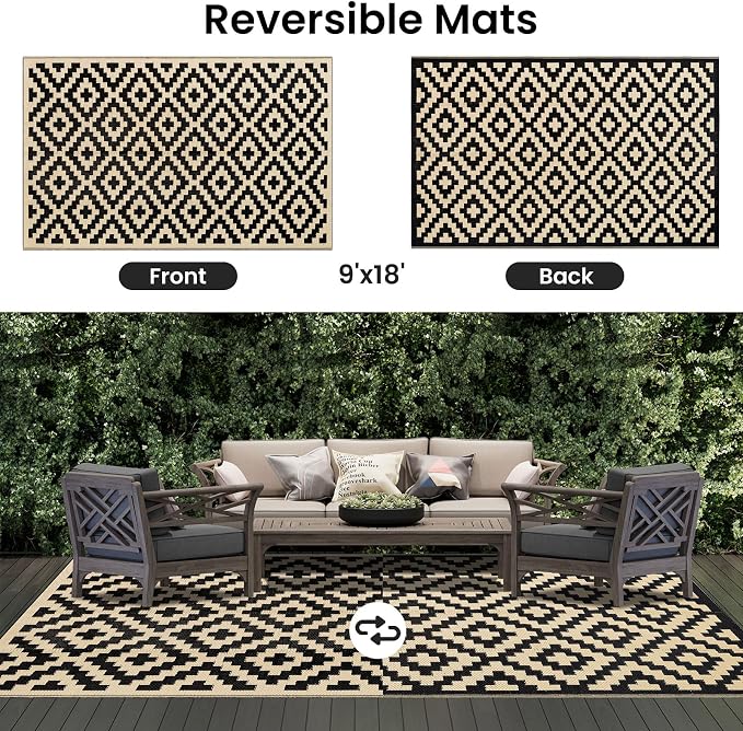 Smiry Waterproof Outdoor Rug 9X18 ft, Reversible Plastic Straw Patio Camping Rugs, Outdoor Indoor RV Mat Carpet for Patio, Outside Entry, Backyard, Deck, Bench, Picnic, Camper, Black & Beige - Image 3