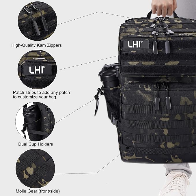 LHI Military Tactical Backpack for Men and Women 45L Army 3 Days Assault Pack Bag Large Rucksack with Shoe Compartment - Black CP - Image 4