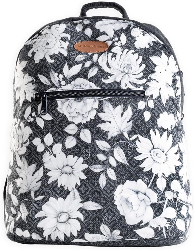 Maison d' Hermine Backpack for Women Men Cotton Shoulder Multipurpose Rucksack with Small Pouch Lightweight Multi Pocket Bag for Travel Work Perfect for Spring Summer (Pretty Autumn - Black) by MaisondHermine