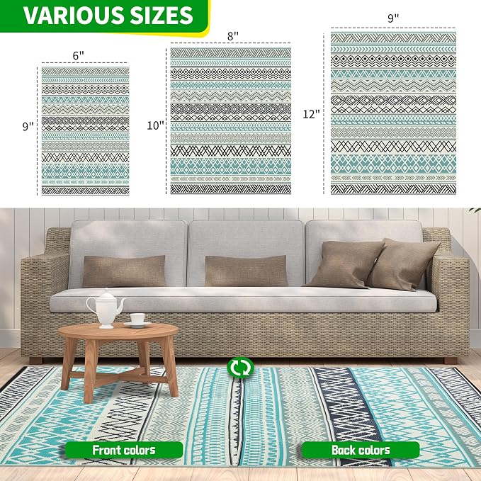 Outdoor Rugs, Outdoor Plastic Straw Rug, Reversible Waterproof Carpet for Camping, Poolside, Garden, BBQ Area, Gazebo Flooring, RV Park & Beach, Bohemian Style, 9x12 - Image 2