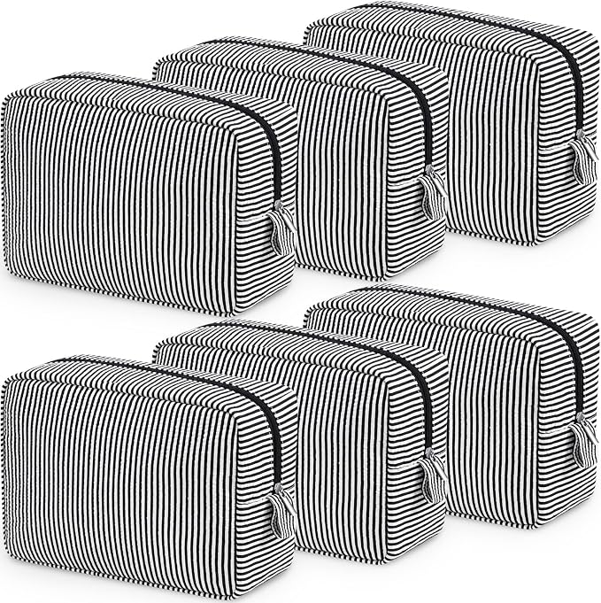 Sanwuta 6 Seersucker Cosmetic Bag Bulk Striped Makeup Bag for Women Aesthetic Cute Travel Toiletry Organizer Preppy Storage Pouch for Wedding Bridesmaid Mother's Day Teacher Gift (Large,Black) by Sanwuta