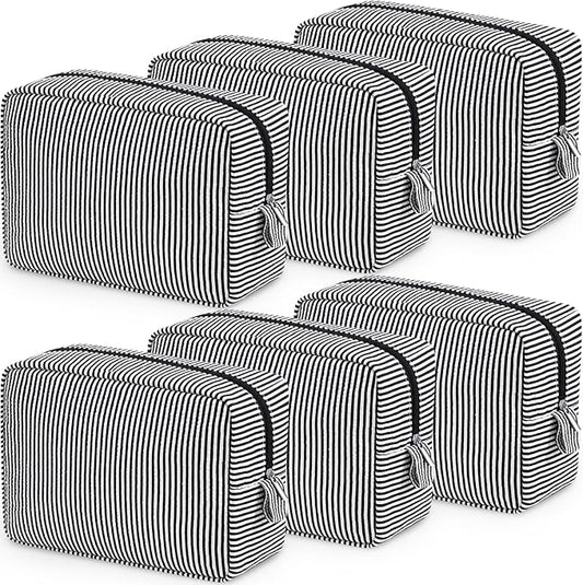 Sanwuta 6 Seersucker Cosmetic Bag Bulk Striped Makeup Bag for Women Aesthetic Cute Travel Toiletry Organizer Preppy Storage Pouch for Wedding Bridesmaid Mother's Day Teacher Gift (Large,Black) by Sanwuta