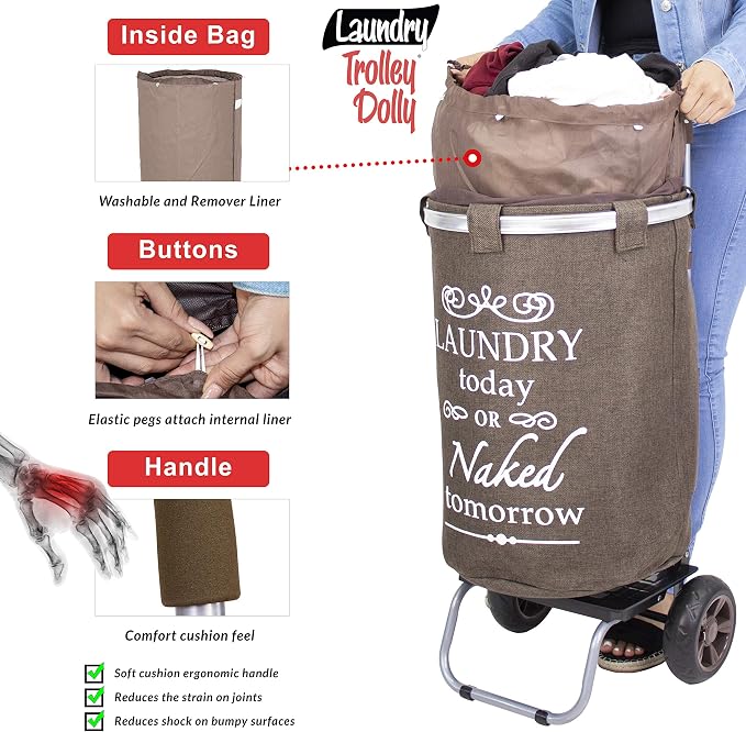 dbest products Laundry Trolley Dolly, Brown Laundry Bag Hamper Basket cart with wheels sorter - Image 3