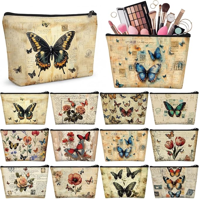 Sweetude 12 Pcs Vintage Butterfly Makeup Bag Bulk Retro Butterfly Flower Travel Cosmetic Bag with Zipper Waterproof Roomy Travel Toiletry Organizer Storage Pouch for Women Butterflies Lover Gift by Sweetude