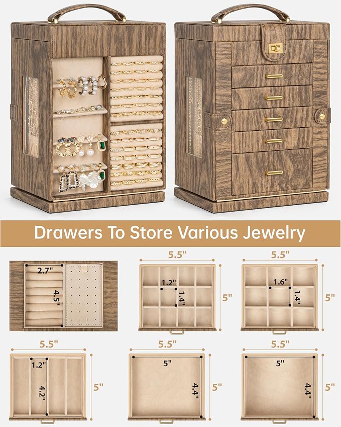 AKOZLIN 6-Tier Jewelry Box Organizer Functional 5 Drawers Leather Jewelry Storage Case for Women Girls Ring Necklace Earring Bracelet Holder Organizer with Mirror Wood Grain 360° Rotating - Image 3