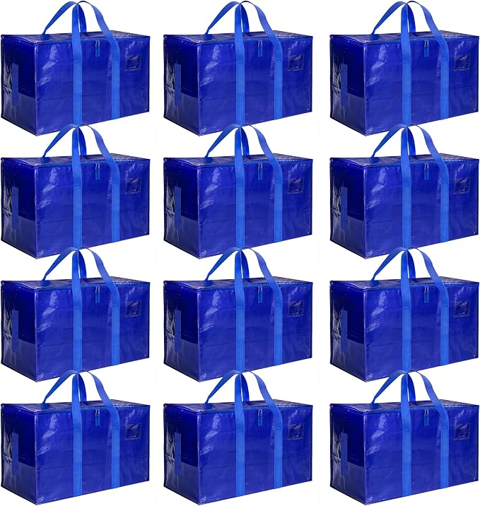 HealSmart 12 Pack Large Moving Bags with Zippers & Handles, Moving Supplies with lids, Heavy Duty Totes for Space Saving, Fold Flat, Moving and Storing, Blue by HealSmart