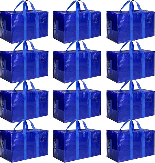 HealSmart 12 Pack Large Moving Bags with Zippers & Handles, Moving Supplies with lids, Heavy Duty Totes for Space Saving, Fold Flat, Moving and Storing, Blue by HealSmart