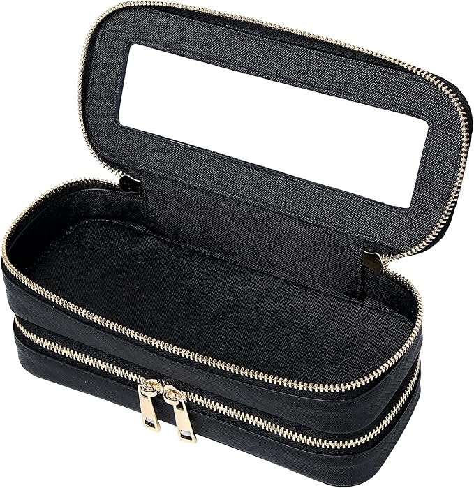 Double Layer Makeup Bag Makeup Brush Case Waterproof Travel Cosmetic & Toiletry Bag Purse Organizer and Car Essentials for Women (Black, 2-Layer SLIM) by LOFOWN