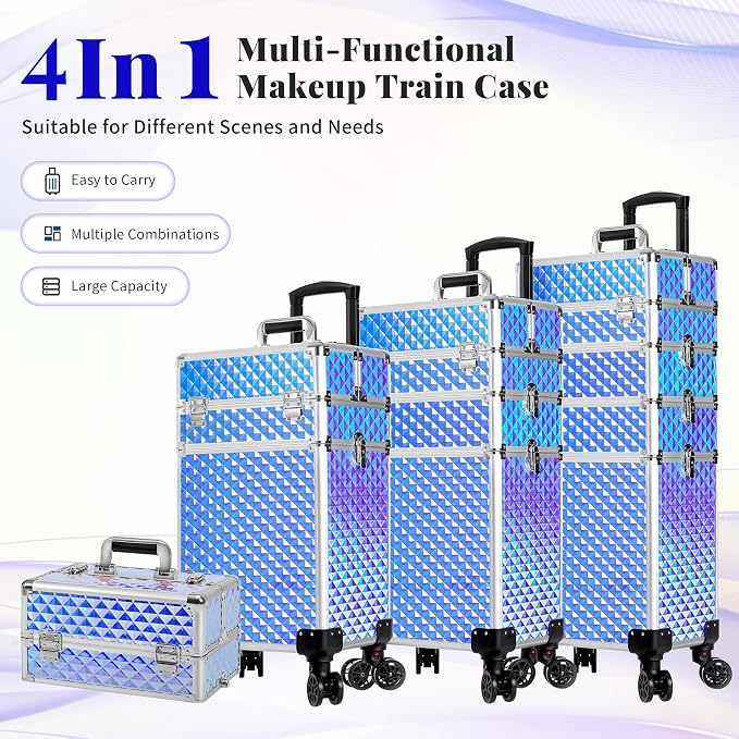 AROUS Rolling Makeup Train Case 4 in 1 Cosmetology Case on Wheels Large Storage Cosmetic Trolley with Key Salon Barber Case Traveling Cart Trunk, Colorful - Image 2