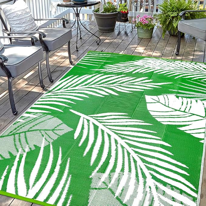 Waterproof Outdoor Rug 8x10ft, Green Leaf Reversible Plastic Straw Mat for Patio RV Deck Porch Backyard Balcony Camping Picnic Beach Indoor Outdoor Carpet, Green&White by DiiKoo