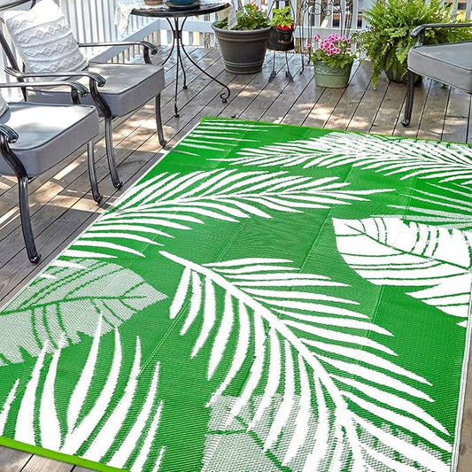 Waterproof Outdoor Rug 8x10ft, Green Leaf Reversible Plastic Straw Mat for Patio RV Deck Porch Backyard Balcony Camping Picnic Beach Indoor Outdoor Carpet, Green&White by DiiKoo