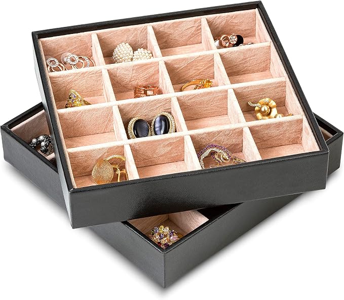 Glenor Co Earring Organizer Tray - Set of 2 - Stackable 32 Slots Jewelry Storage Trays - Display on Dresser or Drawer - Compatible with Other Trays - Black - Image 3