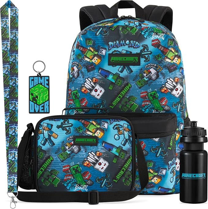 Get Trend Minecraft Kids Backpack Set for Boys with Insulated Lunch Bag, Water Bottle, Lanyard, & Charm, 5 Pc Book Bag with Padded Straps for School, Travel, Creeper Gamer Gifts (Multi Minecraft) by GetTrend