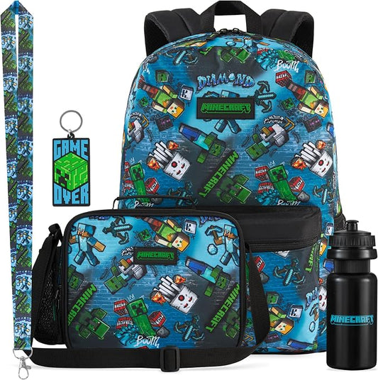 Get Trend Minecraft Kids Backpack Set for Boys with Insulated Lunch Bag, Water Bottle, Lanyard, & Charm, 5 Pc Book Bag with Padded Straps for School, Travel, Creeper Gamer Gifts (Multi Minecraft) by GetTrend