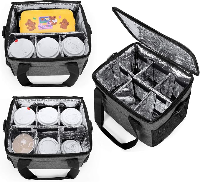 Trunab Reusable 6 Cups Drink Carrier for Delivery Insulated Caddy,Grey | Adjustable Dividers,Handle & Shoulder Strap, Beverages Tote Bag for Takeout or Travel - Image 2