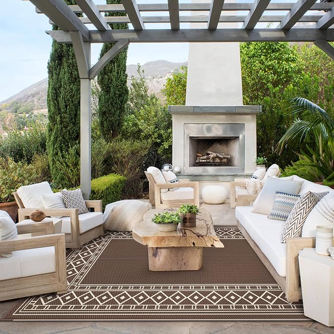GENIMO Outdoor Rug, Waterproof Plastic Rugs for Patio, 6'x9' Coffee Beige | Outside Larger Modern Carpet Mat for Porch Decor, Deck, Balcony, Camping, RV, Backyard, Picnic, Beach, Reversible - Image 2