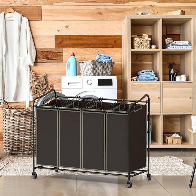Simple Houseware 4-Bag Heavy Duty Laundry Sorter Rolling Cart, Brown | Removable Bags and Lockable Wheels for Laundry Room Organization - Image 2