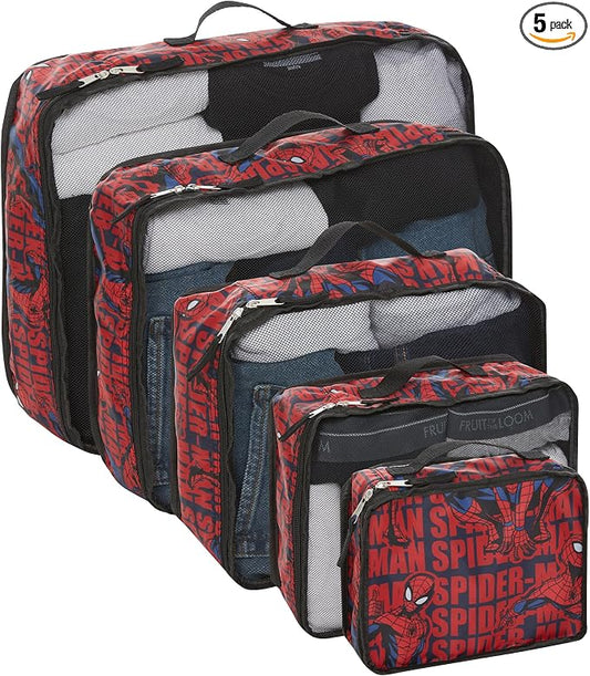 Marvel Spiderman 5-Piece Packing Cube Set - Spiderman, Ironman, Captain America - 5 Piece Packing Cubes Compression Travel Essential Accessories - Luggage Suitcase Organizer Set - For Kids, Adults by Marvel