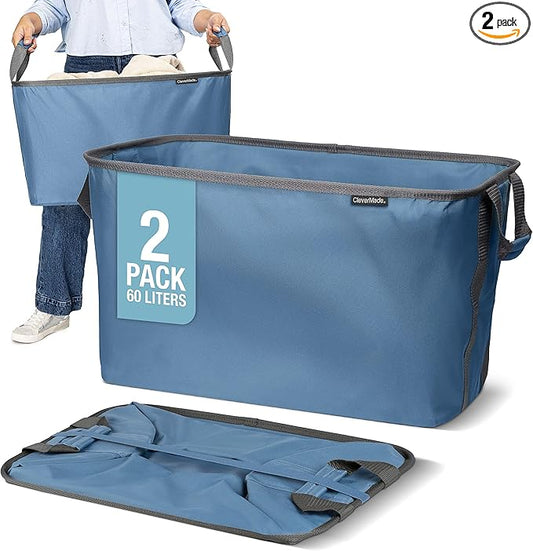 CleverMade Collapsible Laundry Basket 2 Pack – 60L (16 Gal) Foldable Clothes Hamper with Reinforced Handles, Space Saving Fabric Laundry Bin, Holds 55 lbs, Flat Folding for Dorm, Apartment & RV - Denim by CleverMade