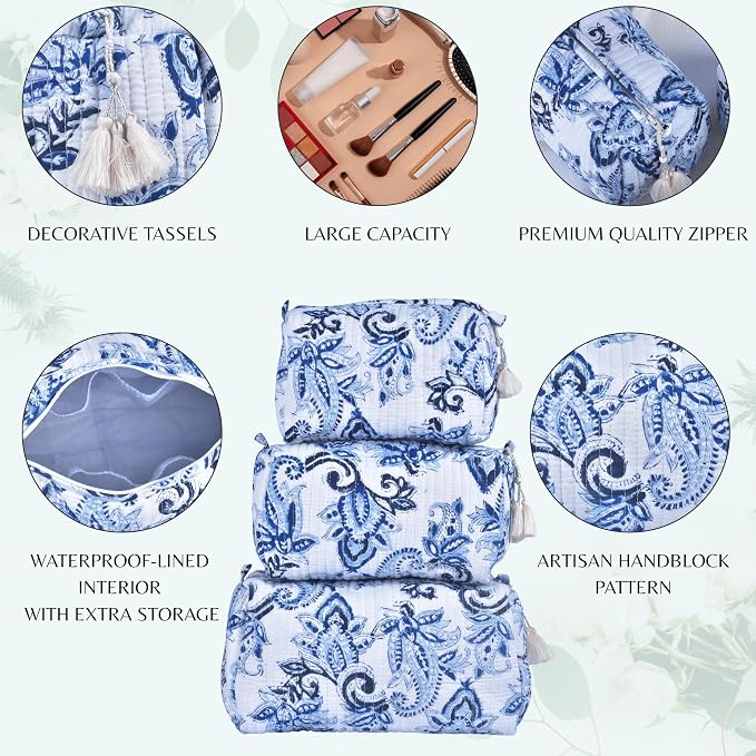Quilted Floral Block Print Makeup Bag Set of 3 – Cotton Travel Toiletry and Makeup Organizer, Cosmetic Pouch, Toiletry Bag for Women, Cute Boho Coquette Make Up Bags for Women (Small, Medium, Large) - Image 3