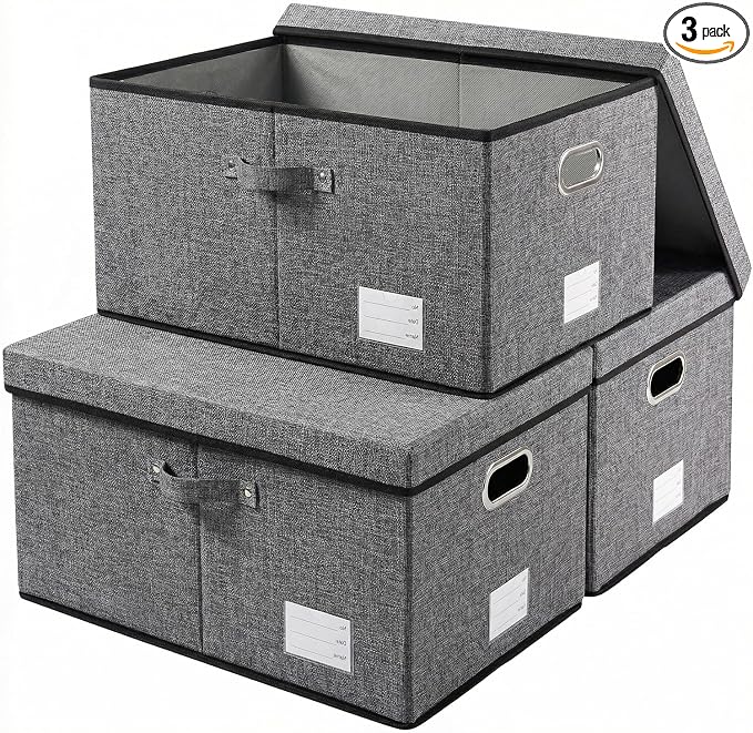 PRANDOM Storage Bins with Lids [3-Pack] Linen Fabric Foldable Storage Boxes Organizer Containers Baskets Cube with Cover for Bedroom Closet Office Grey(23.4X15.9X11.4) by Prandom