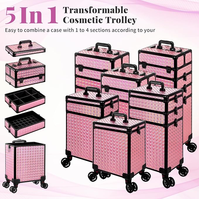 AROUS 5 in 1 Rolling Makeup Train Case with Lid Cosmetology Case on Wheels | Large Cosmetic Trolley Organizer with Keys Salon Barber Case Traveling Cart Trunk for Artist Hairstylists Nail Tech, Pink - Image 2