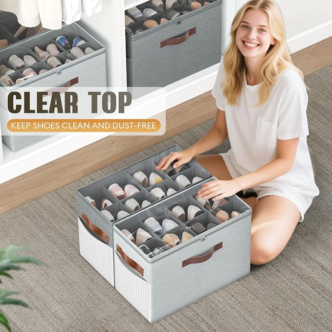 2 Pack Shoe Organizer for Closet, Foldable Shoe Storage with Adjustable | Farbic shoe storage organizer box bin with clear cover, fits up to 16 pairs, shoe storage box for closet, entryway, gray - Image 6