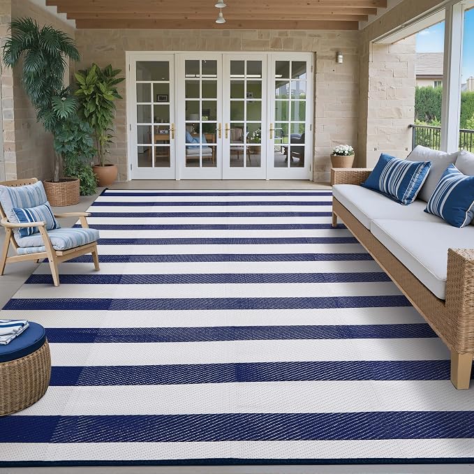 PureCozy Outdoor Waterproof Patio Rug 9x12 Plastic Straw Reversible Lightweight Outside Navy Blue Striped Large Carpet Outdoor for Camping RV Porch Deck Balcony Beach - Image 5