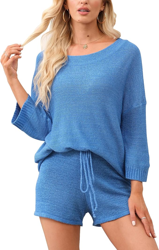 Ermonn Womens 2 Piece Outfits Sweater Sets Off Shoulder Knit Tops Waist Short Suits Casual Pajama Set - Image 2