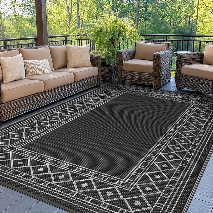 GENIMO Outdoor Rug, Waterproof Plastic Rugs for Patio, 5'x8' Black Grey | Outside Larger Modern Carpet Mat for Porch Decor, Deck, Balcony, Camping, RV, Backyard, Picnic, Beach, Reversible by GENIMO