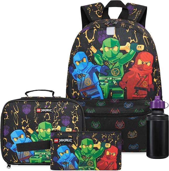 Get Trend Lego Ninjago Boys Backpack 4 Piece Set | 18 In Bookbag with Insulated Lunch Bag, Zipped Pencil Case & BPA-Free Water Bottle, Adjustable Padded Straps, Gifts for Boys by GetTrend