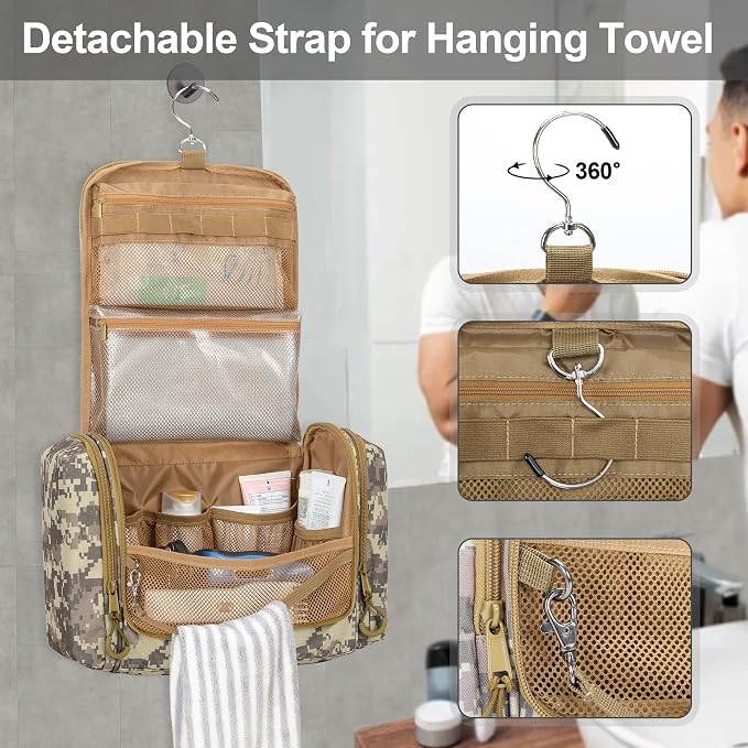 Tactical Toiletry Travel Bag for Men, Hanging Dopp Kit Hygiene Bag Shower Organizer with Hook for Toiletries and Shaving Care, Desert Yellow (Empty Bag) - Image 5