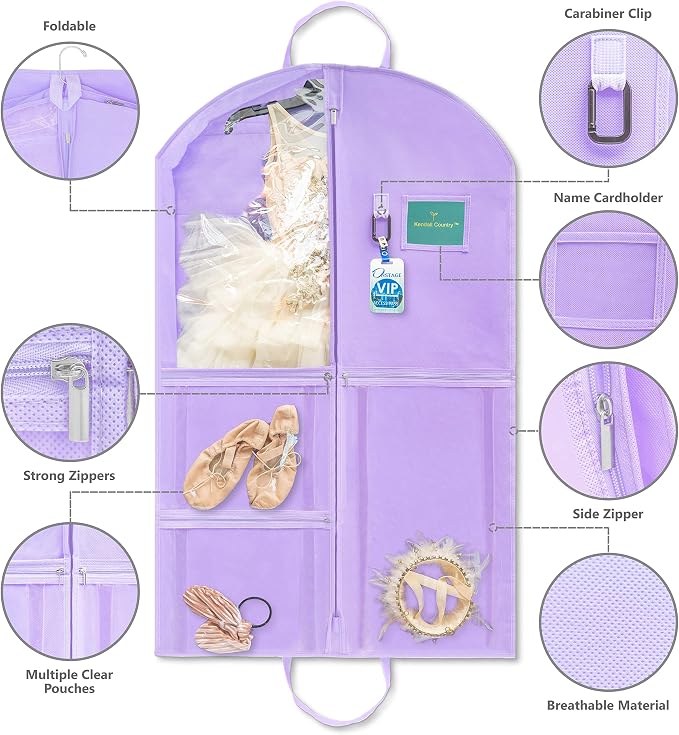 Waterproof Hanging Garment Bag 40 inch Clothes Bag with Gusset, 5 Pockets & Side Zip for Dance Costumes, Sports, Skating, Theatre, Beauty Pageants & More by Kendall Country, Lavender Purple - Image 3