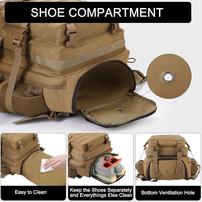 LHI Military Tactical Backpack for Men and Women 45L Army 3 Days Assault Pack Bag Large Rucksack with Shoe Compartment - Image 2