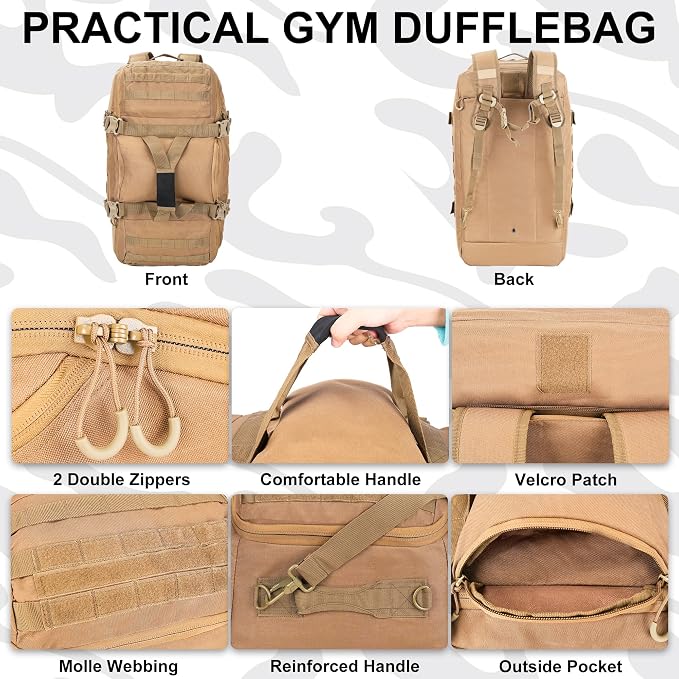 3-in-1 Tactical Gym Duffel Backpack, Travel Sports Bag for Overnight | Works as a range bag or motorcycle backpack, ideal for gym, travel, camping, hunting, and gear organization - Image 2