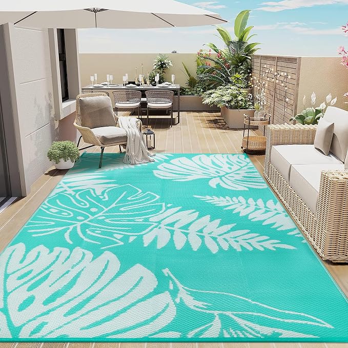 PureCozy Outdoor Plastic Straw Rug Leaf Waterproof Teal Blue Outside Patio 6x9 Carpet Tropical Reversible Mat Washable Large for Camping RV Porch Deck Balcony Beach - Image 5