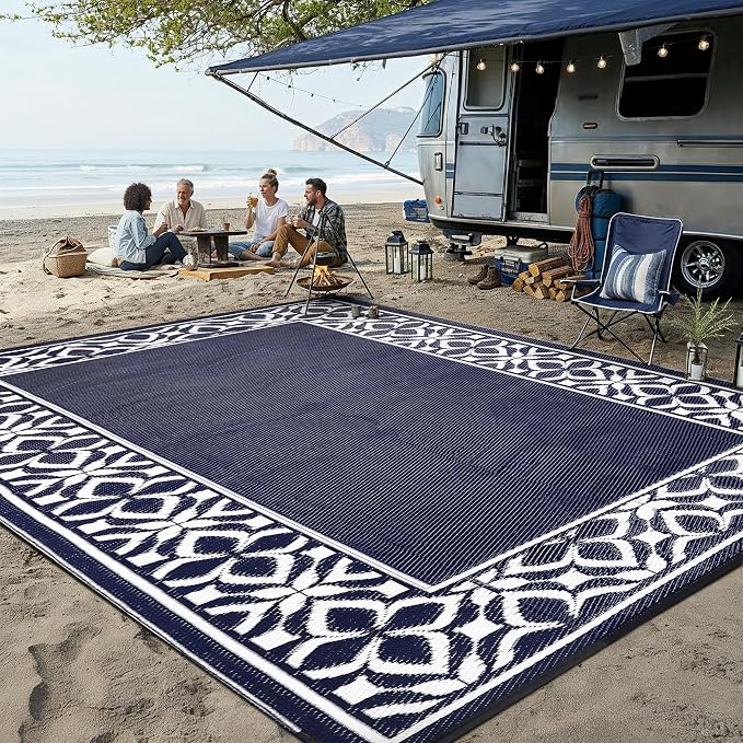 PureCozy Outdoor Plastic Straw Rug Navy Blue Large Outside Waterproof Outdoor Patio 10x14 Carpet Geometric Reversible Mat Modern for Camping RV Porch Deck Balcony Beach - Image 2