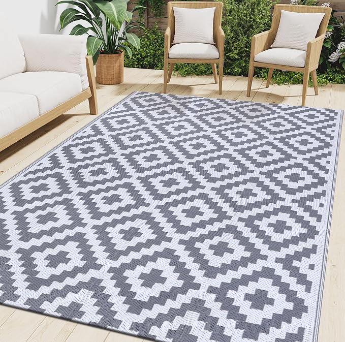 Smiry Waterproof Outdoor Rug 9x12 ft, Reversible Plastic Straw Patio Camping Rugs, Outdoor Indoor RV Mat Carpet for Patio, Outside Entry, Backyard, Deck, Bench, Picnic, Camper, White & Grey by Smiry