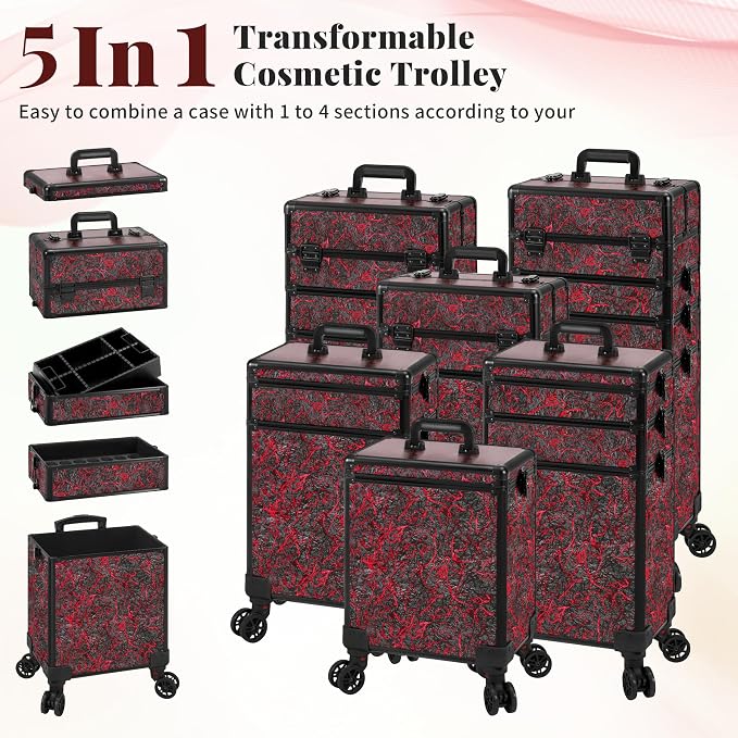 Rolling Makeup Train Case with Lid Cosmetology Case on Wheels | 5 in 1 Large Cosmetic Trolley Organizer Travel for Hairstylist Artist Nail Beauty Salon Barber Cart Trunk, Red - Image 2